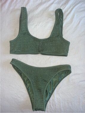 Kendall & Kylie Olive Green Smocked Scoop Bikini Set